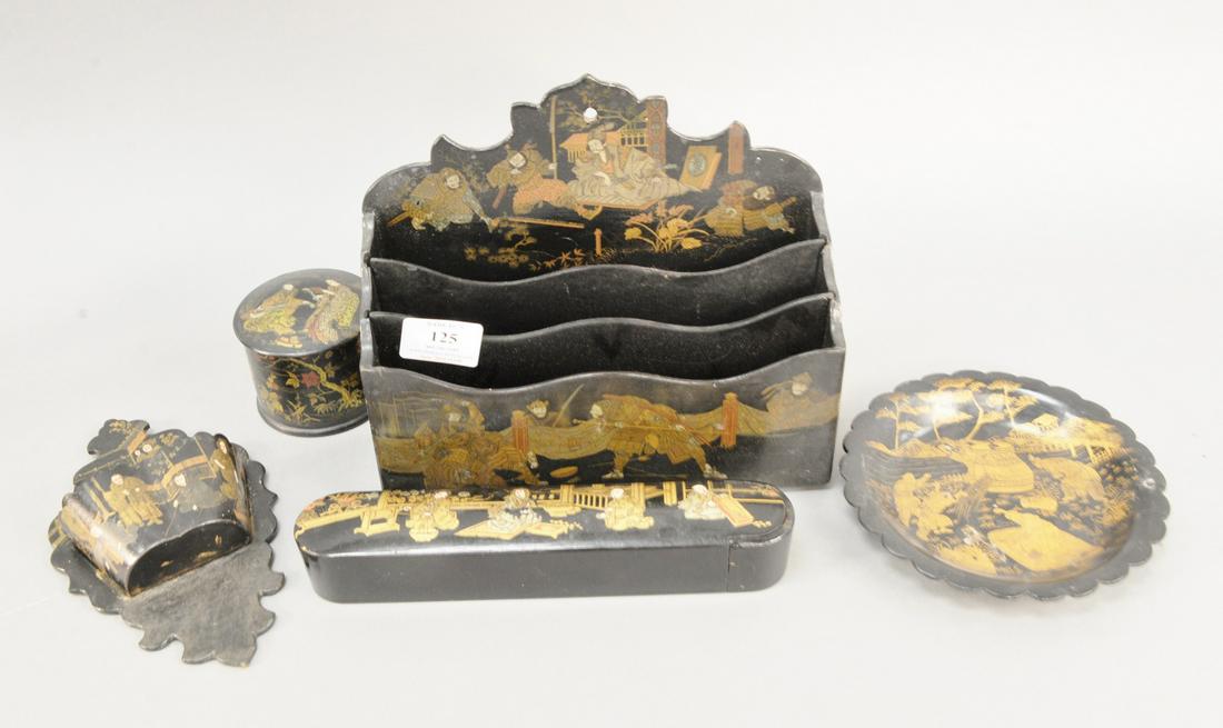 Five Chinese black lacquer pieces, letter holder, ht. (1 of 3)