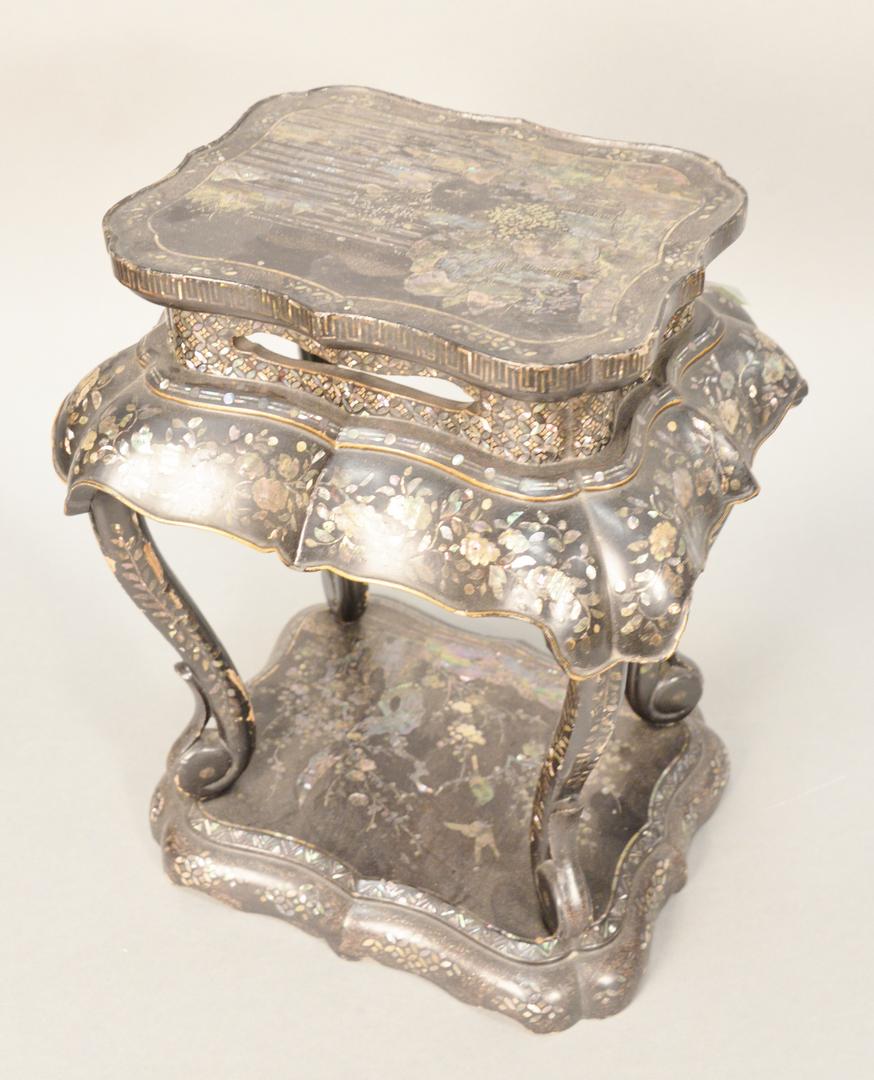 Chinese black lacquered table stand having mother of (1 of 4)