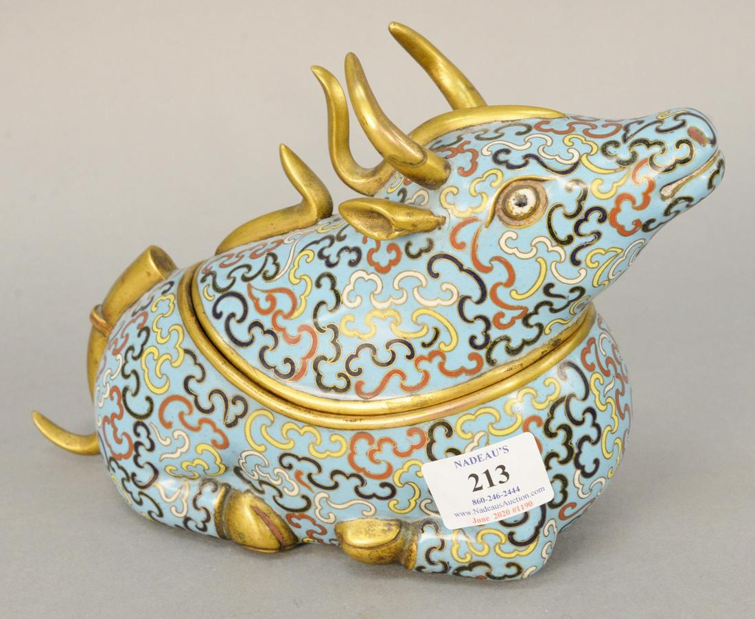 Chinese cloisonne covered container in form of a bull, (1 of 4)