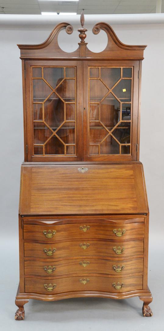 Mahogany secretary desk having serpentine front and: Mahogany secretary desk having serpentine front and ball and claw feet, ht. 83", wd. 36".