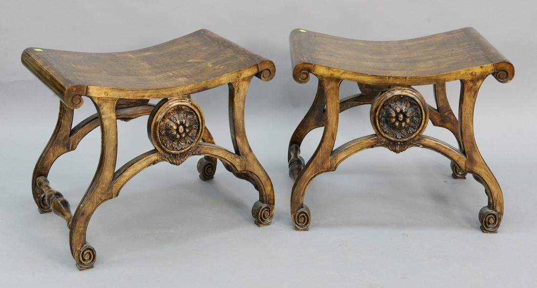 Pair of French style stools with carved rosette front, (1 of 3)