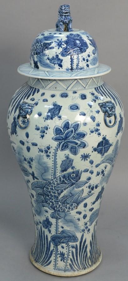 Palace size blue and white Chinese vase with top, ht. (1 of 4)