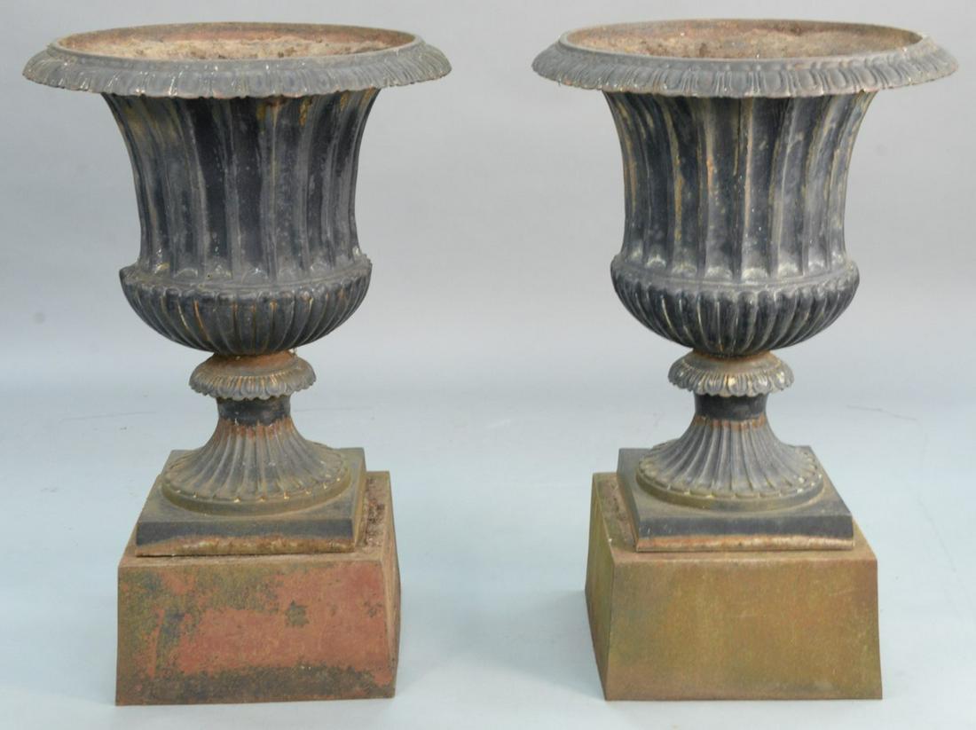 Pair of large iron urns on pedestals, ht. 43 1/2", dia. (1 of 3)