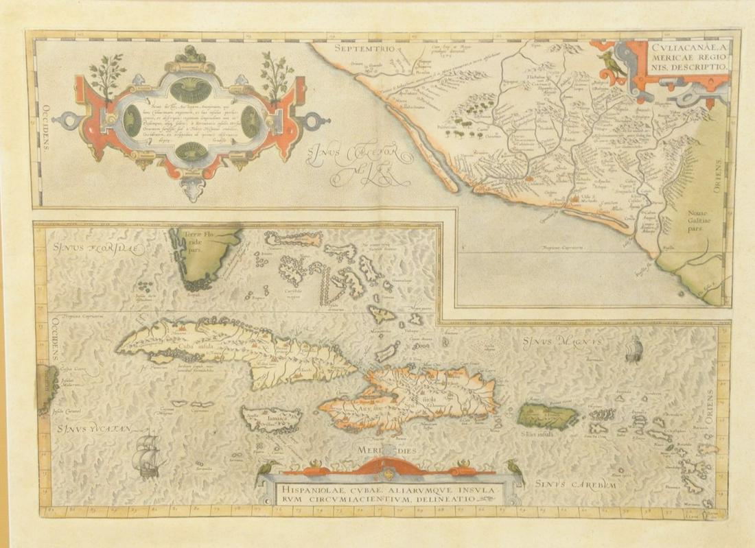 Abraham Ortelius colored, engraved map, Culiacanae (1 of 3)