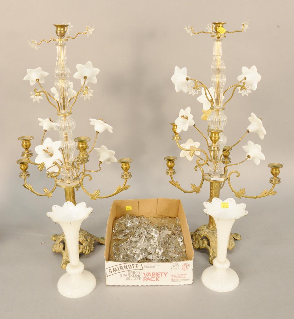 Pair of Victorian brass floral candelabra with white (1 of 5)