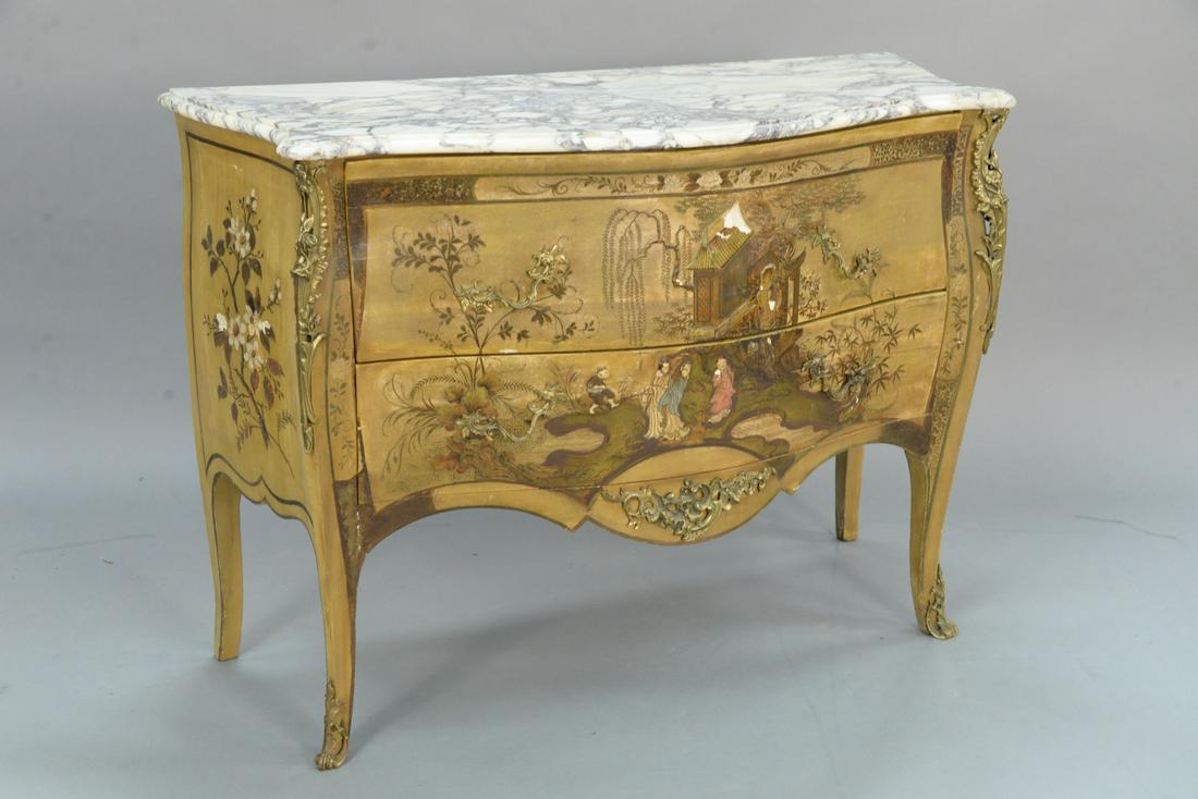Louis XV style marble top commode having chinoiserie: Louis XV style marble top commode having chinoiserie decoration and metal mounts, mid 20th C., chips in front, ht. 35 1/2", top 20" x 49". Provenance: Estate of William and Teresa Patton, Lake Ave Gre