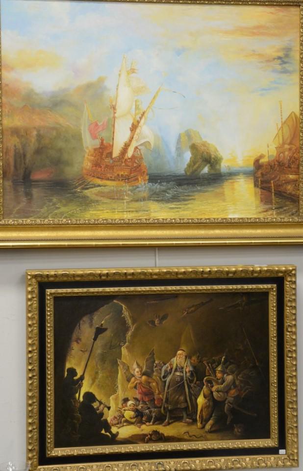 Group of four framed paintings: unsigned sunrise ships (1 of 6)