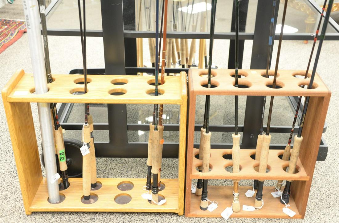 Fifteen piece lot to include, five wooden rod holders, (1 of 5)