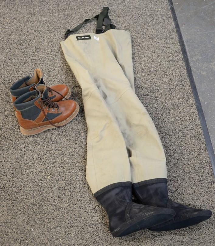 Simms chest waiters with Orvis size 11 boots, M short: Simms chest waiters with Orvis size 11 boots, M short waders. Estate of Michael Coe, PhD, New Haven, CT.