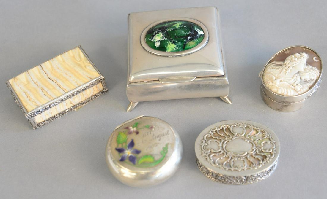 Five various silver boxes with mother of pearl to: Five various silver boxes with mother of pearl to include shell cameo and 2 enameled, one with mother of pearl insert, a tortoise shell and silver box, 3" x 3".