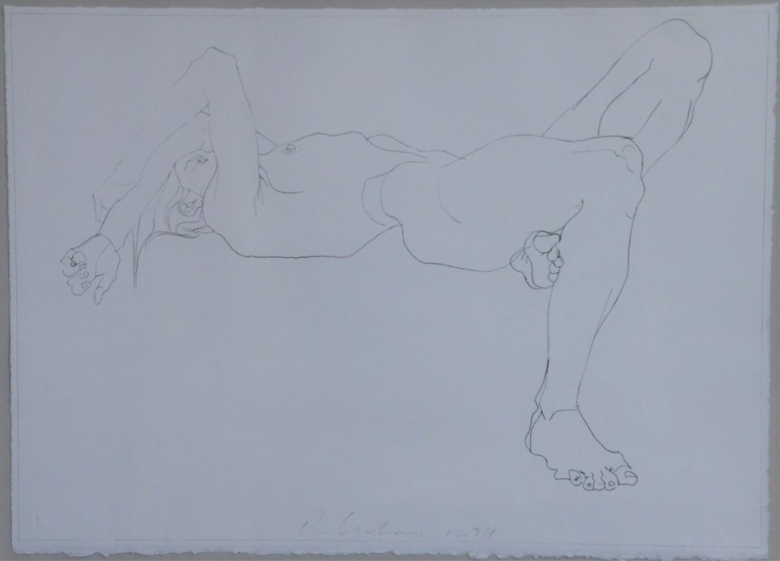 Robert Graham (1938 - 2008) print, nude laying down,: Robert Graham (1938 - 2008) print, nude laying down, pencil signed and dated, 10 3/4" x 14 1/2".