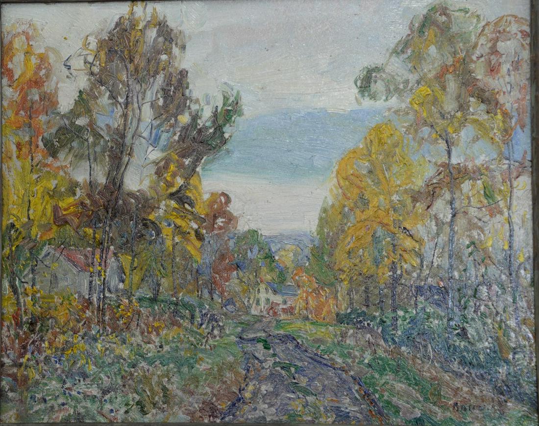Two framed paintings by George Baum, oil on board,: Two framed paintings by George Baum, oil on board, impressionistic landscape, 14" x 17", signed lower right Baum along with oil on board, sunset landscape with moonlit sky, unsigned, 9" x 12 3/4".