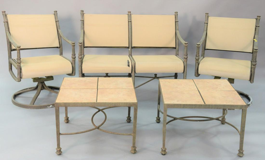 Five piece Woodard Landgrave outdoor furniture to: Five piece Woodard Landgrave outdoor furniture to include pair of armchairs, loveseat, 44"(as is) along with two side tables.