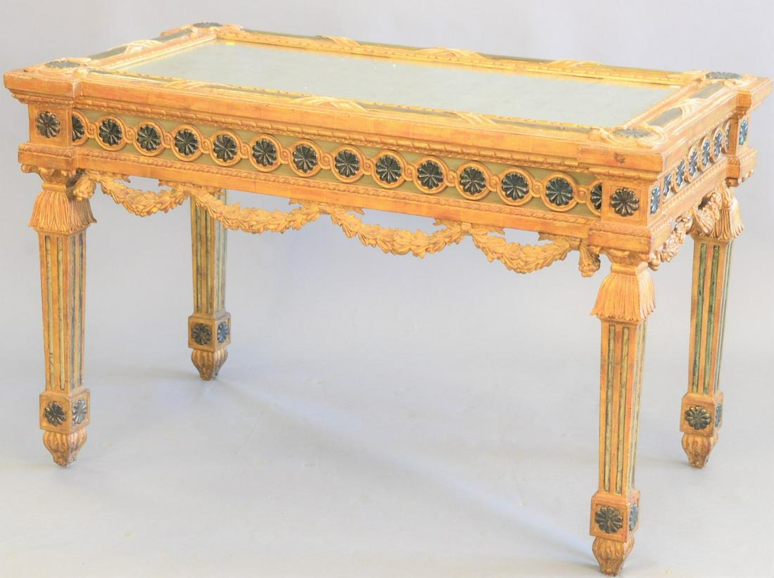Baroque style center table with inset mirror top, ht.: Baroque style center table with inset mirror top, ht. 31", top 27" x 49".
