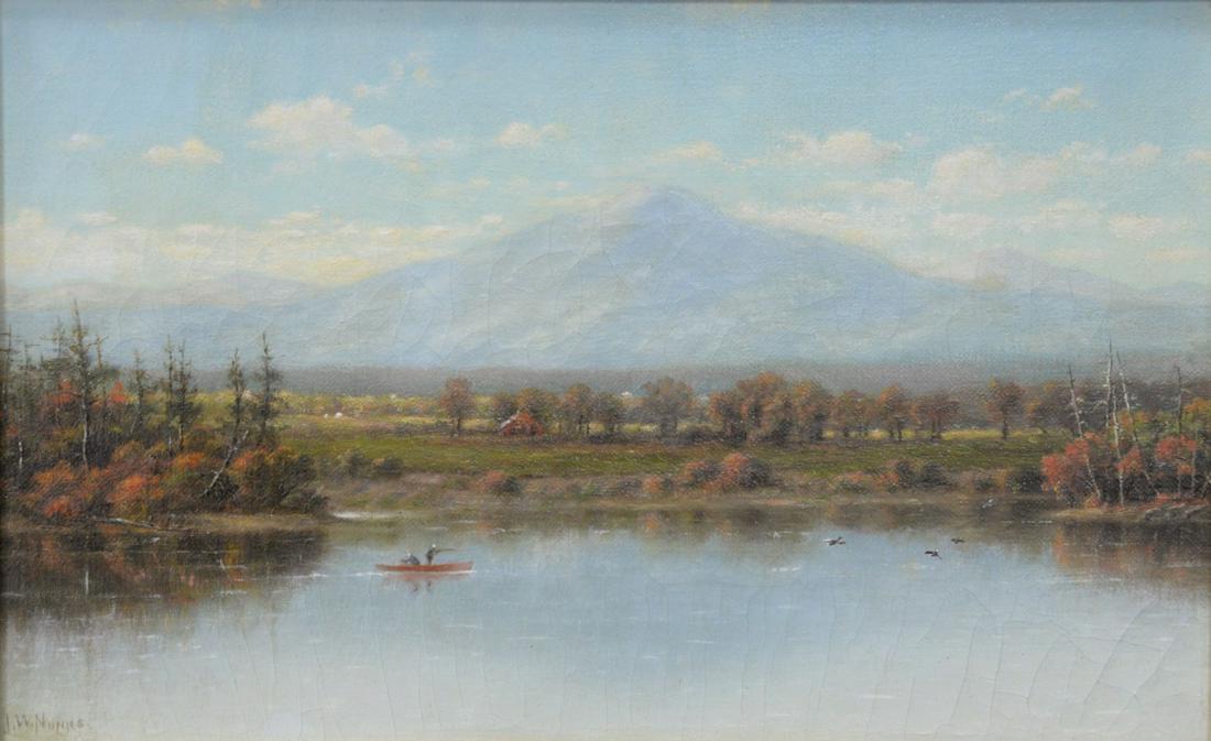 J.W. Nunns, oil on canvas, Duck Hunting fall landscape,: J.W. Nunns, oil on canvas, Duck Hunting fall landscape, signed lower left J.W. Nunns, 8 1/2" x 13 1/2".