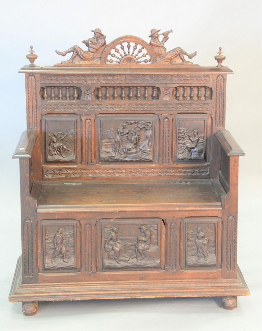 Victorian carved hall bench with lift seat, ht. 46",: Victorian carved hall bench with lift seat, ht. 46", wd. 41", dp. 18".