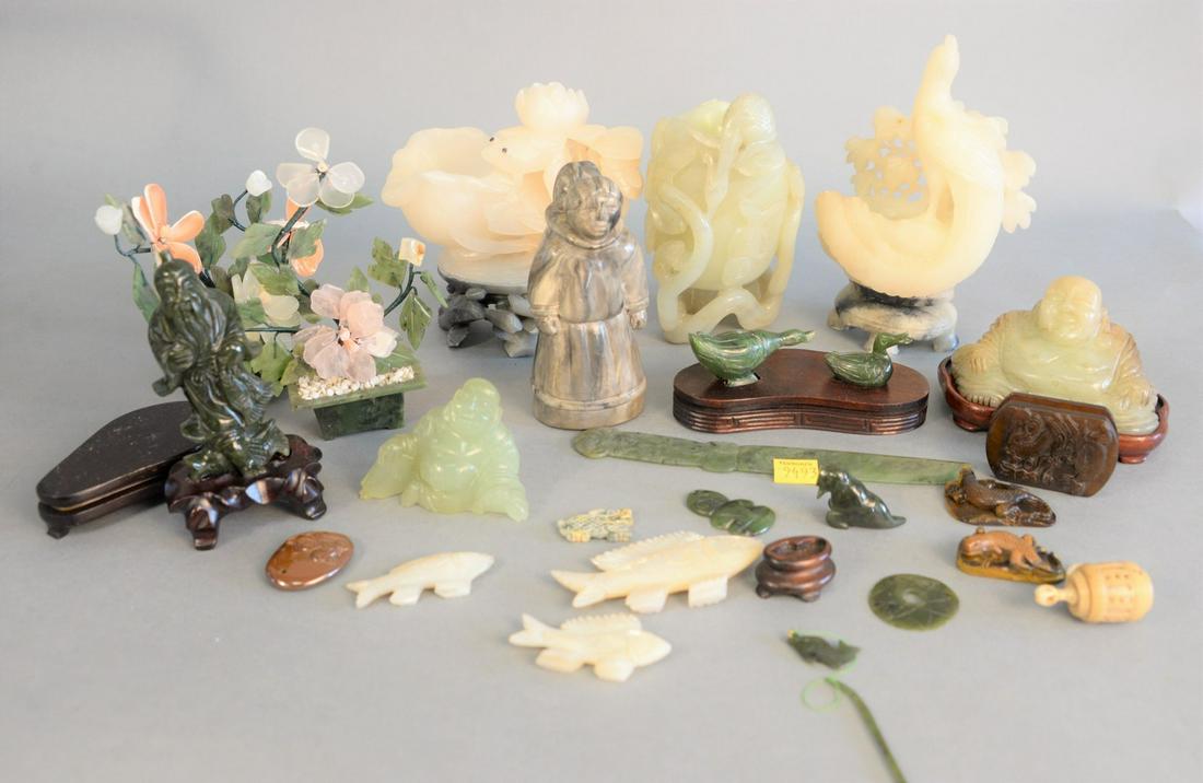 Tray lot of hardstone to include 2 Buddhas, 1 immortal: Tray lot of hardstone to include 2 Buddhas, 1 immortal soapstone vase, tiger eye, carved lizards, etc.