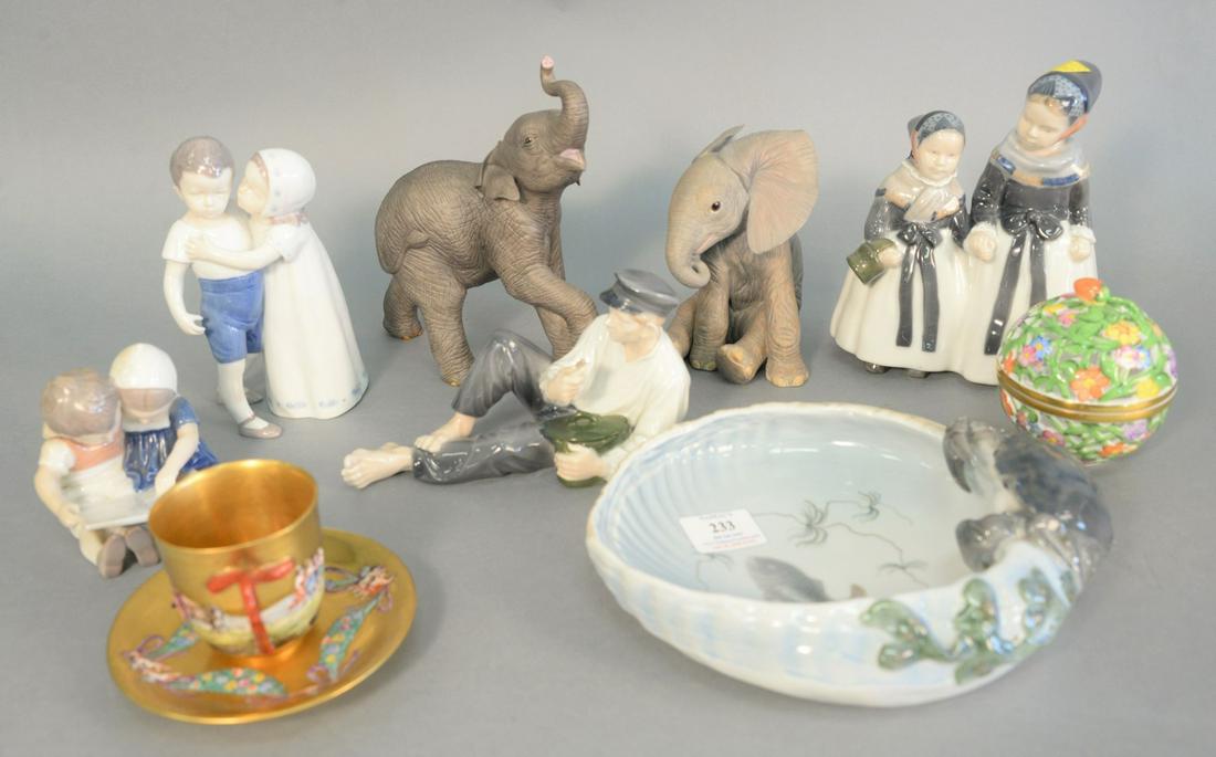 Group of porcelain to include Bing & Grondahl double: Group of porcelain to include Bing & Grondahl double figures, porcelain Lenox elephant, ht. 8", Herend, Capodimonte cup and saucer, etc.