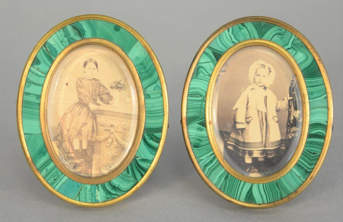 Proval miniature portrait frames with malachite and: Proval miniature portrait frames with malachite and brass frames, 4 1/2" x 3 1/4".