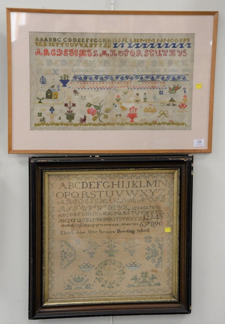 Two framed samplers, Eliza S. Adee, Nine Partners: Two framed samplers, Eliza S. Adee, Nine Partners Boarding School, 1827, 17" x 17" along with a school sampler having needlepoint house figures and flowers, sight size: 13" x 22".