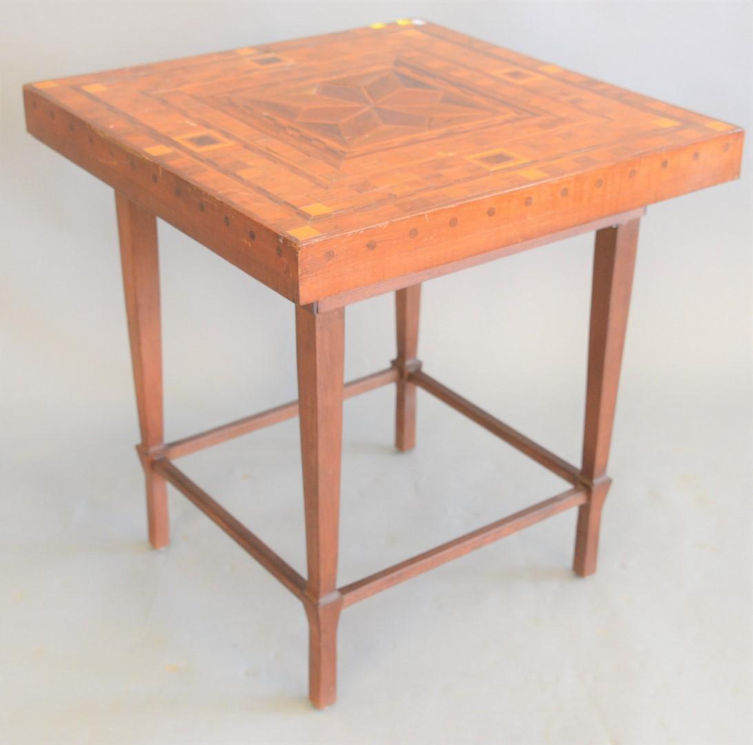 Center table having inlaid top, ht. 26", top 24" x 24".: Center table having inlaid top, ht. 26", top 24" x 24".