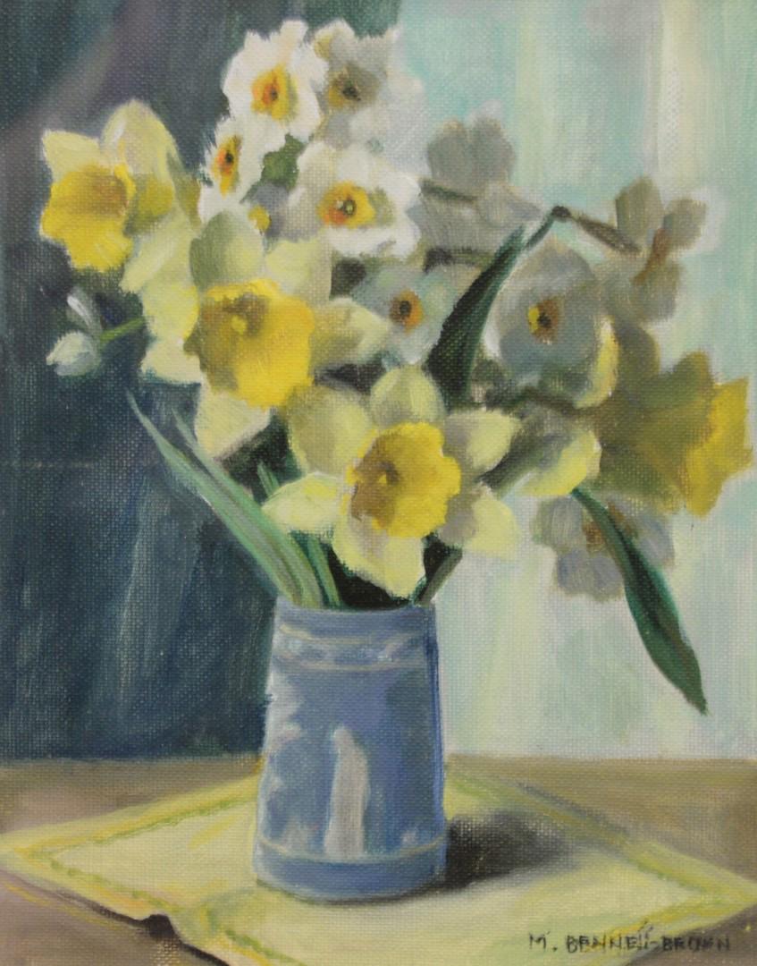 Mae Bennett Brown (1887 - 1973) oil on canvas, still: Mae Bennett Brown (1887 - 1973) oil on canvas, still life of flowers in vase, signed M. Bennett Brown lower right, sight size: 9 3/4" x 7 1/2".