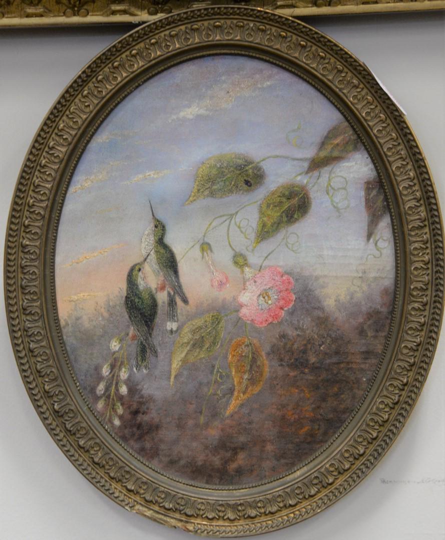 Two hummingbirds with flowers, oil on board, 8" x 10",: Two hummingbirds with flowers, oil on board, 8" x 10", after Martin J. Heade, signed illegibly lower right E.M. 1862.