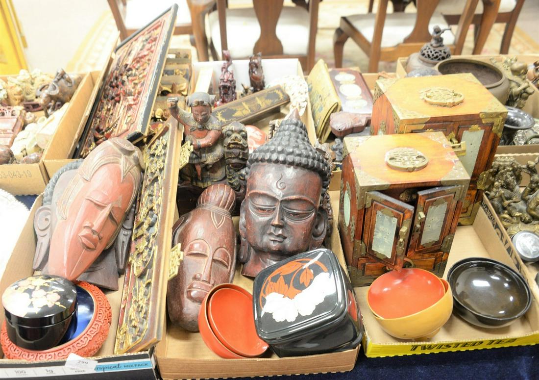 Seven tray lots of Japanese and Asian items to include: Seven tray lots of Japanese and Asian items to include soapstone figures, lacquered boxes, carved mask, carved plaques, lacquered fan box, lacquered bowls, tai fish, etc.
