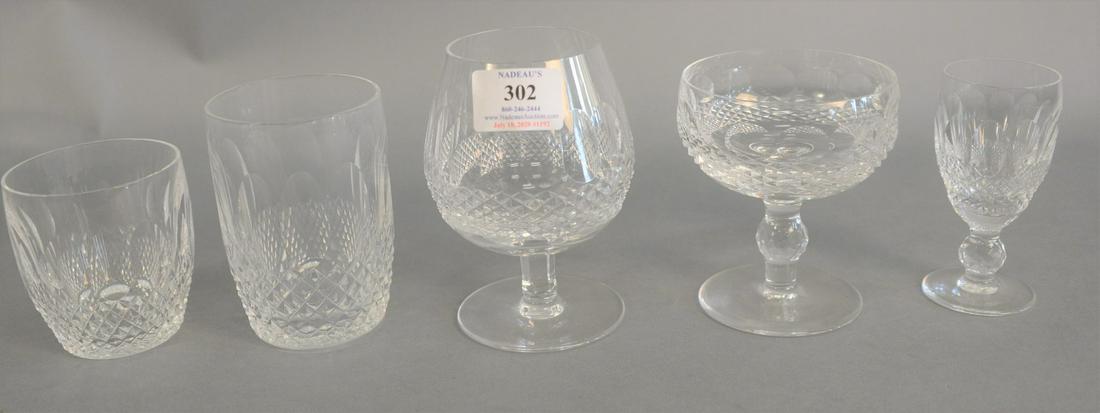 Forty Waterford Colleen glasses in 5 different sizes to: Forty Waterford Colleen glasses in 5 different sizes to include 8 large water goblets, 8 small water goblets, 8 brandy snifters, 8 cordials and 8 white wine, 3 1/2", 4 1/4", 4 1/2", 4 1/2", 5 1/4".