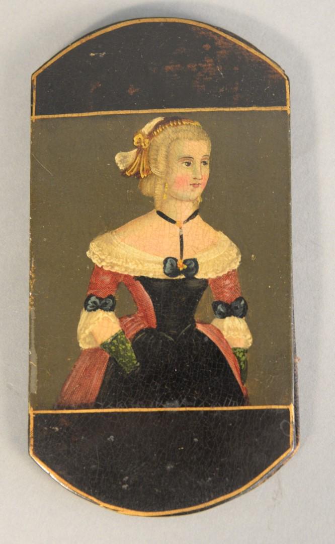 Papier-mache holder with hand painted woman in dress,: Papier-mache holder with hand painted woman in dress, may be seperate, 5 1/2" x 3".