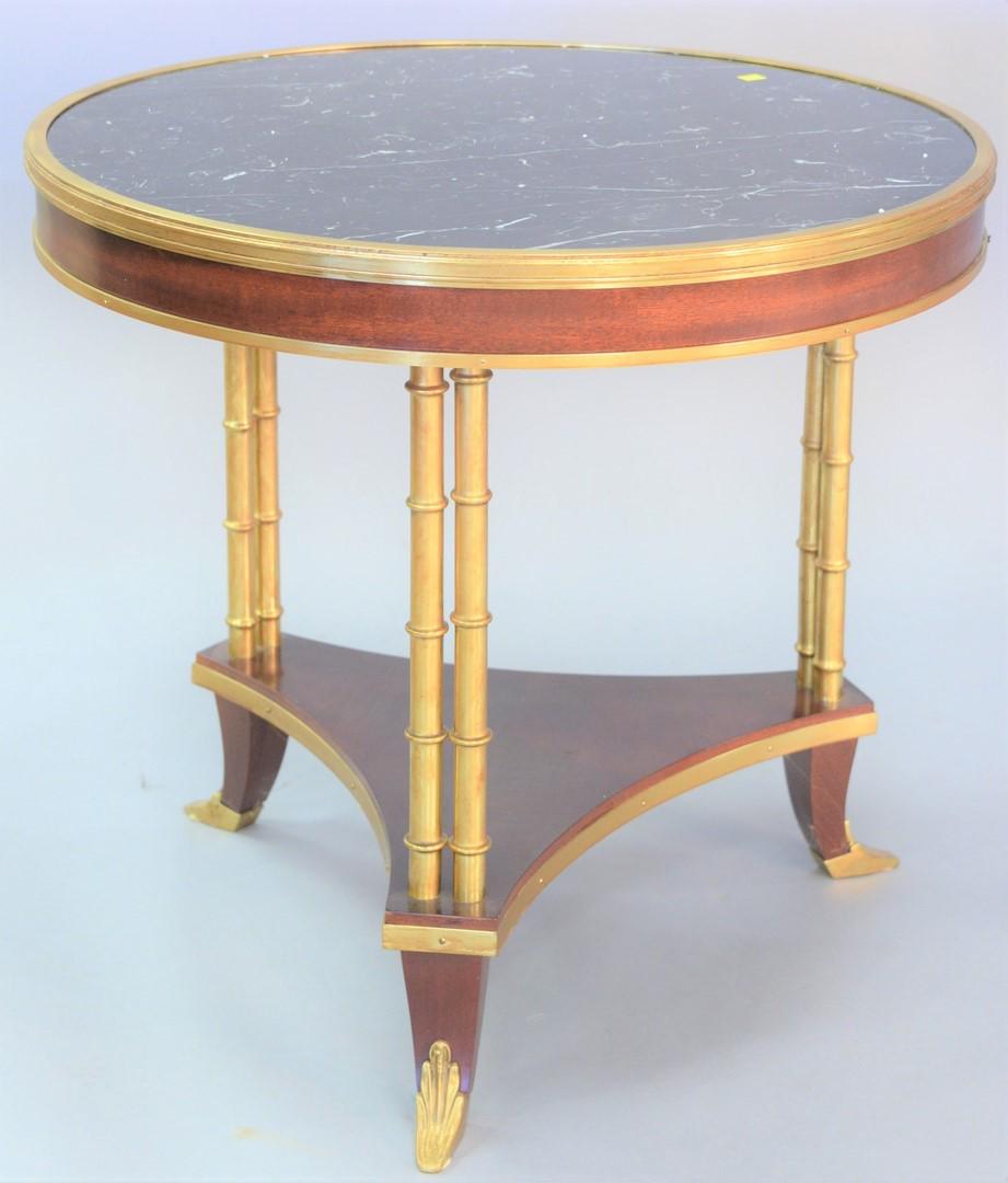 Marble top center table having faux bamboo base, ht: Marble top center table having faux bamboo base, ht 28", dia. 30".