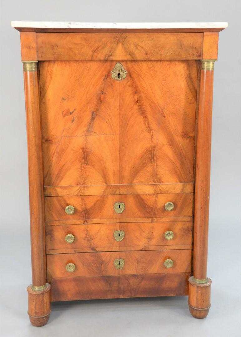 French Empire secretaire, 19th C., with marble top and: French Empire secretaire, 19th C., with marble top and columns and brass mounts, ht. 58", wd. 37".