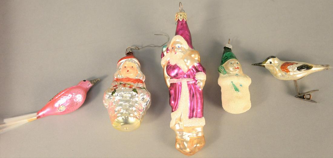 Group of glass Christmas ornaments to include birds,: Group of glass Christmas ornaments to include birds, frog, Santa.