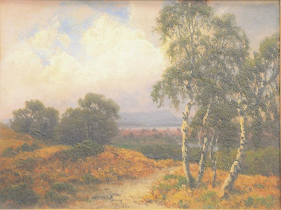 Mountainous landscape with white birch trees, 0" x 13",: Mountainous landscape with white birch trees, 0" x 13", signed illegibly lower right.