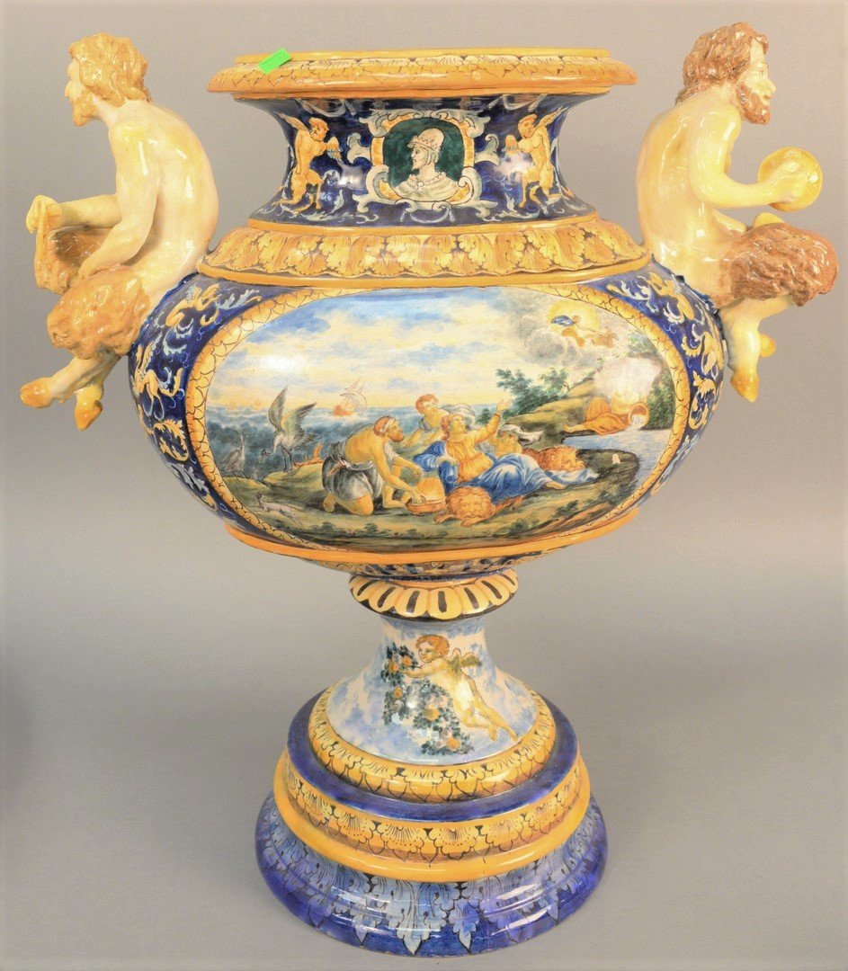 Large Majolica figural urn having mythical faun on each (1 of 5)
