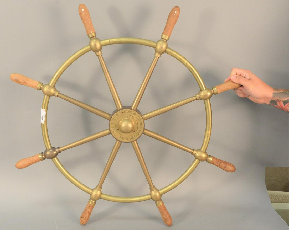 Brass Ships Wheel, Brown Bros. & Co., dia. 31".: Brass Ships Wheel, Brown Bros. & Co., dia. 31".