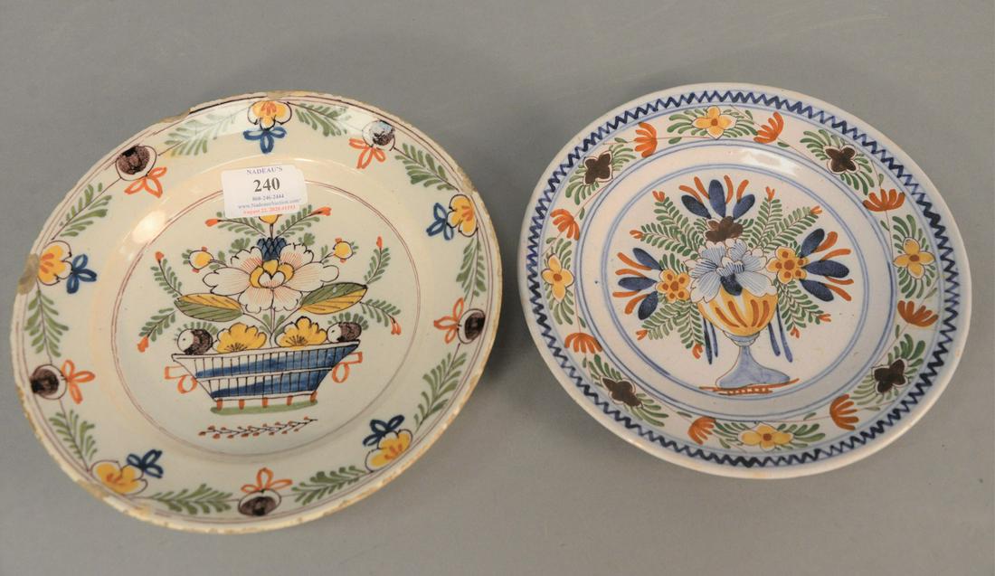 Two Delft plates with basket urn of flowers, dia. 8 (1 of 5)