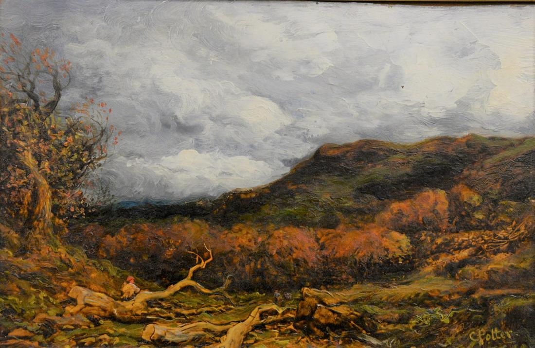 Charles Potter (1878) "Timber Clearing North Wales",: Charles Potter (1878) "Timber Clearing North Wales", oil on paper, signed lower right 'C. Potter', 8 1/4" x 12 1/2".