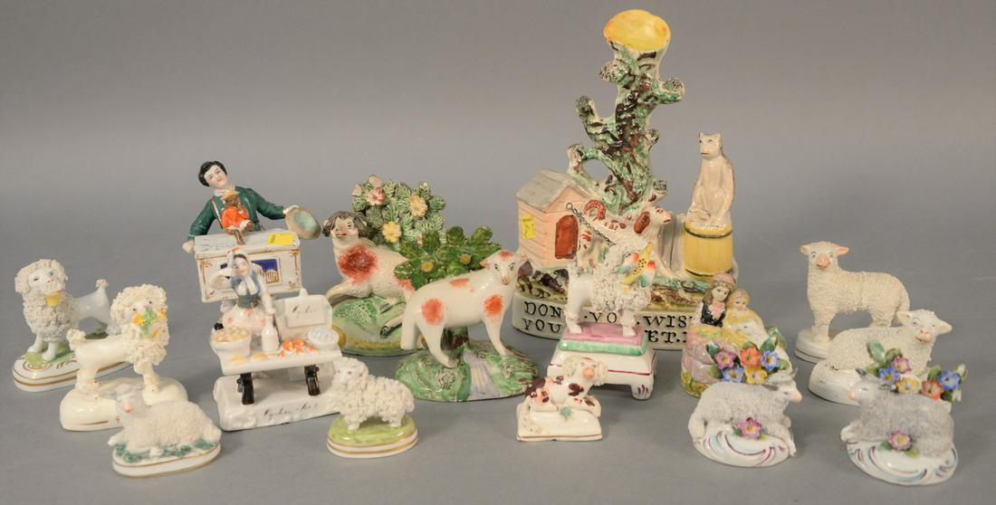 Group of figures to include mostly Staffordshire: Group of figures to include mostly Staffordshire figures, organ player with monkey, "Don't you wish you may get it", poodles, sheep, ram, etc., tallest 9".