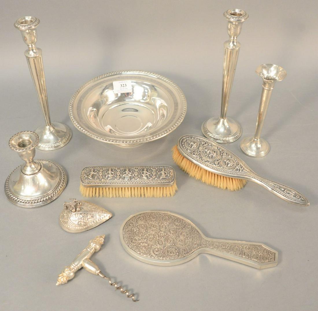 Nine-piece weighted silver lot to include dresser set, (1 of 4)