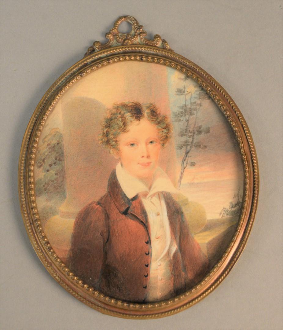 Oval bust of a boy watercolor on paper with landscape (1 of 4)