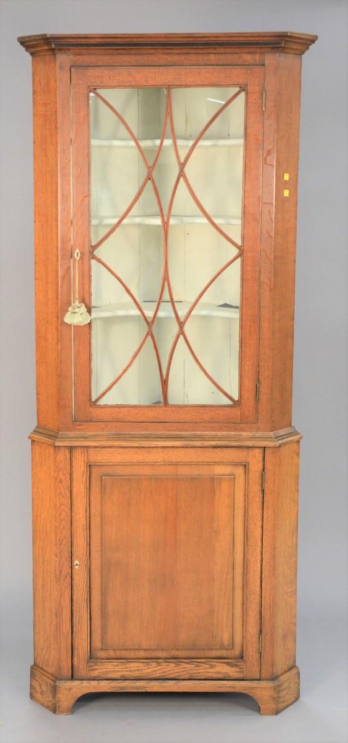 Oak corner cabinet in two parts, one door in each, ht. (1 of 4)