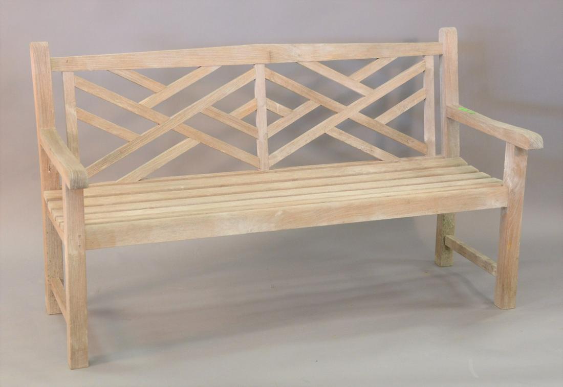 Teak bench with geometric back. ht. 36", wd. 62". (1 of 4)
