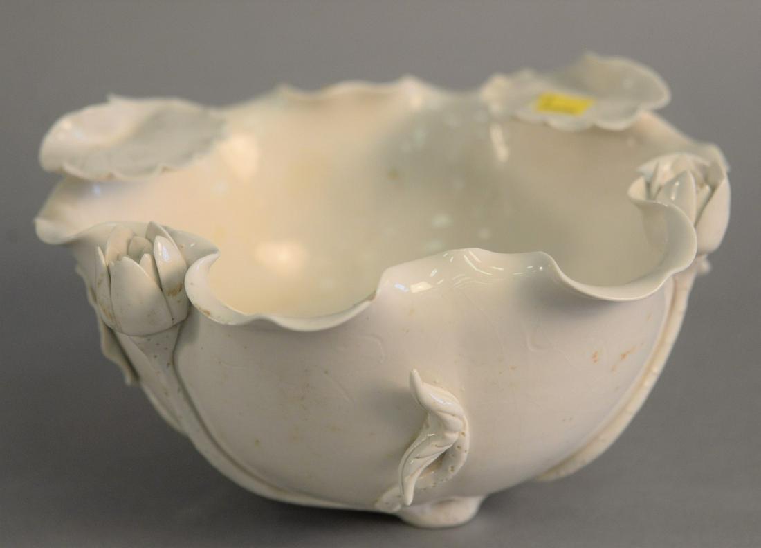 Chinese Blanc de Chine lotus bowl with molded lily pad: Chinese Blanc de Chine lotus bowl with molded lily pad and flowers. ht. 4 1/2", dia. 8".
