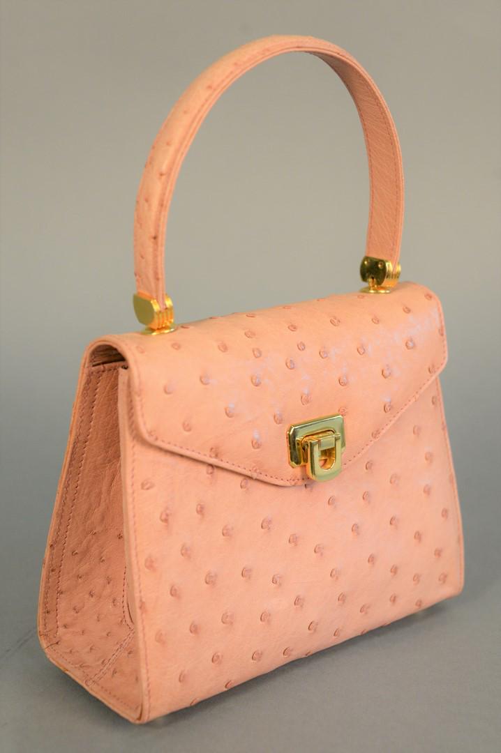 Giorgio's of Palm Beach, pink Ostrich bag, shoulder: Giorgio's of Palm Beach, pink Ostrich bag, shoulder strap inside with original tissue paper wrapping, ht. 8", wd. 6.25", dp. 3.25".