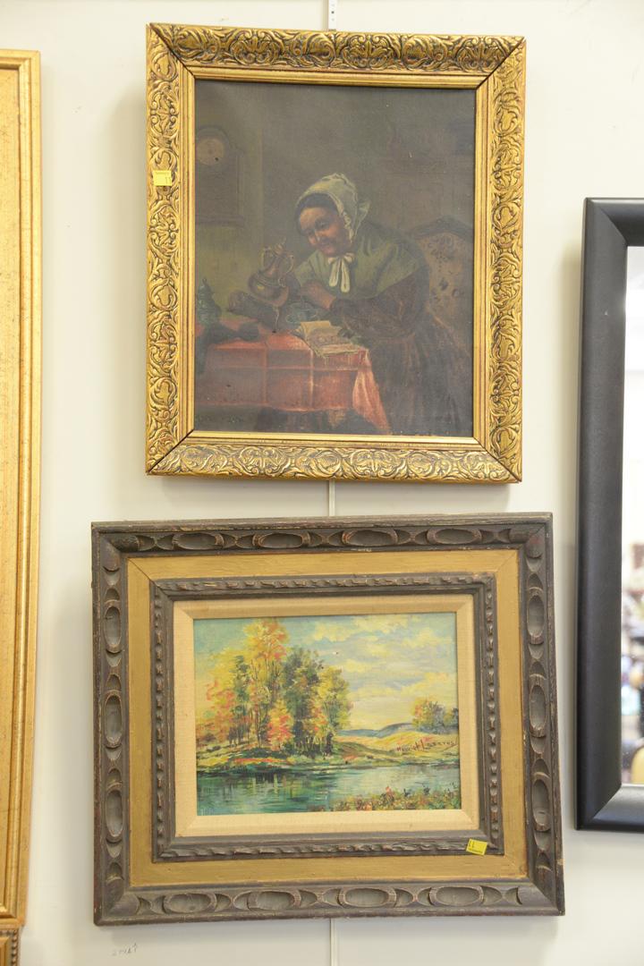 Two piece lot to include 19th C. oil on canvas interior (1 of 5)
