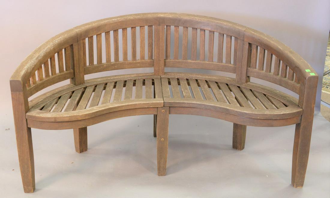 Teak bench with carved back, ht. 33", wd. 60". (1 of 3)