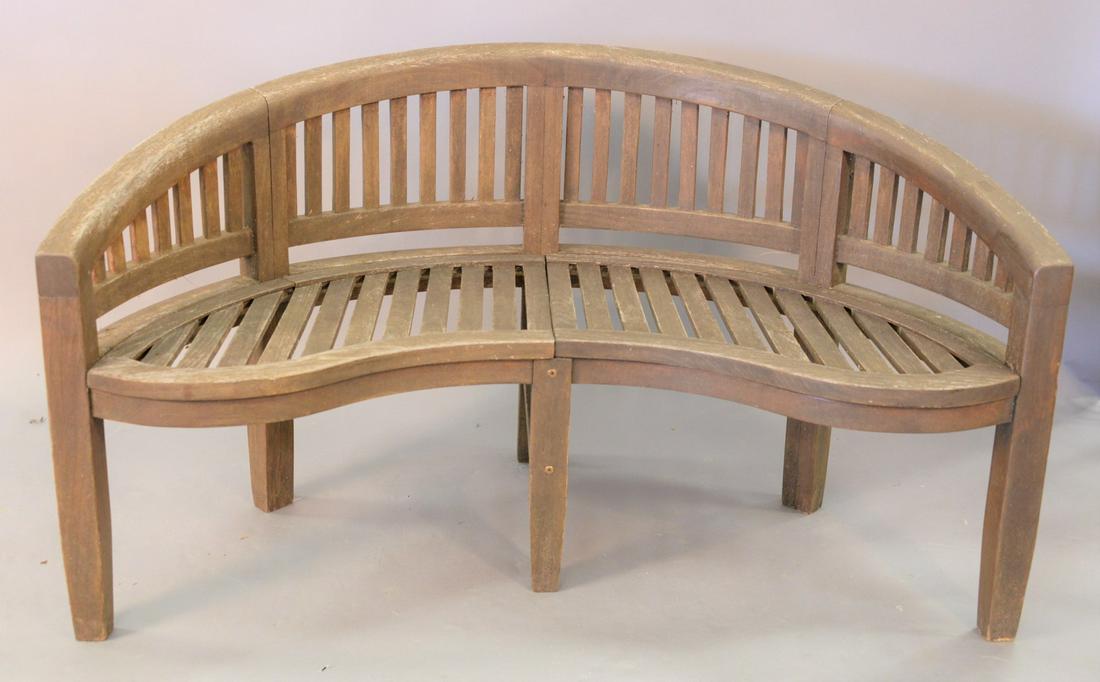 Teak bench with carved back, ht. 33", wd. 60". (1 of 4)