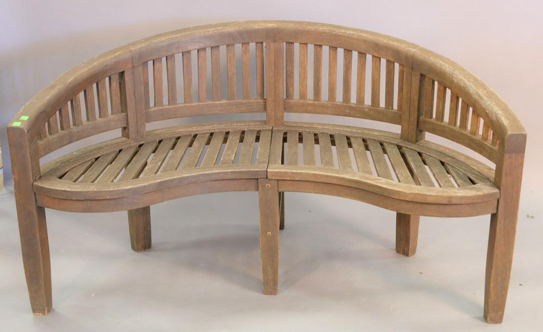 Teak bench with curved back, (seat repaired), ht. 33". (1 of 3)