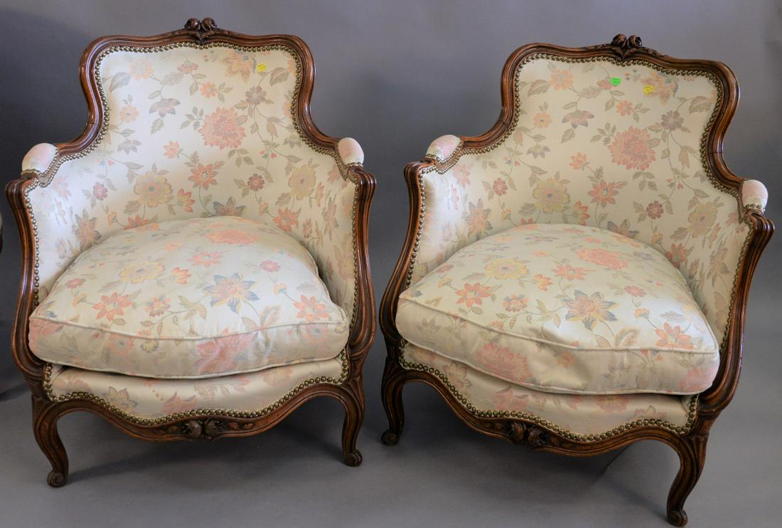 Pair of Louis XV style small bergeres with custom: Pair of Louis XV style small bergeres with custom upholstery, ht. 30", wd. 26".
